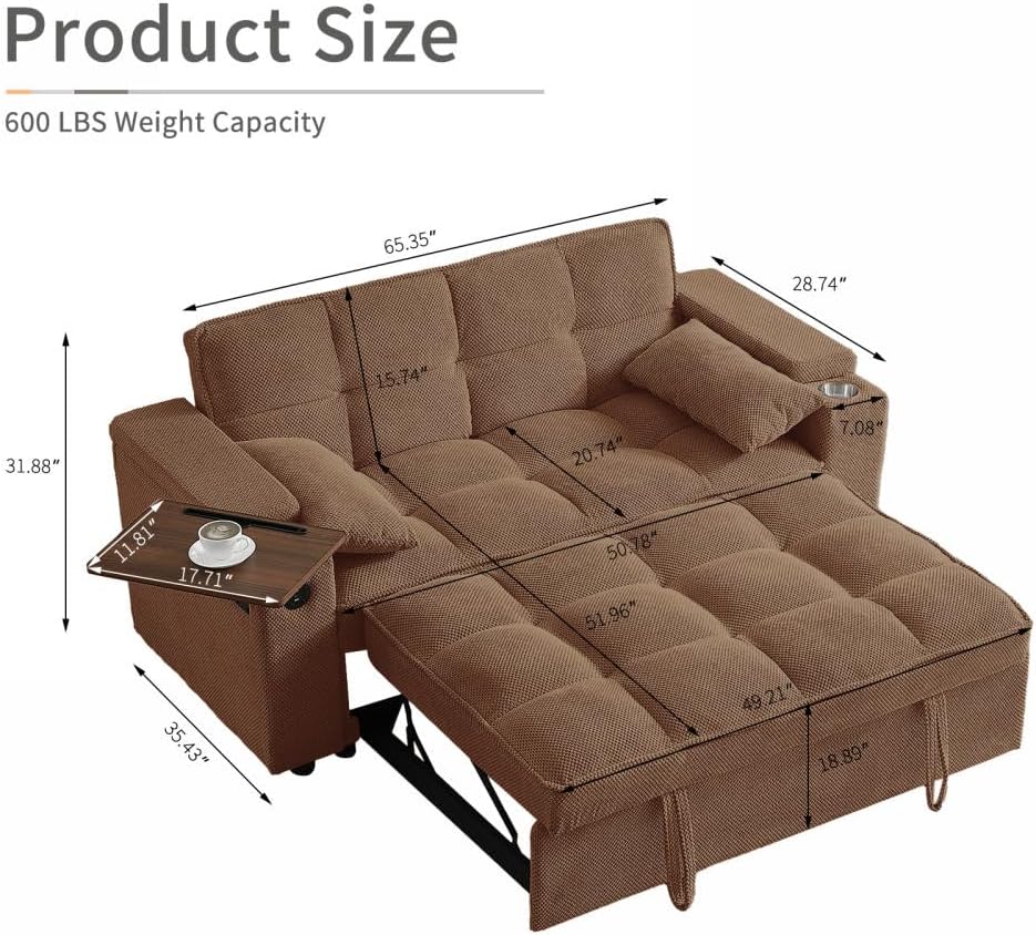Auvsoce 65'' Convertible Sleeper Sofa Bed with Adjustable Backrest, Chaise Lounge, Side Table & USB/Type-C Ports – Stylish & Functional Addition to Any Living Room (Brown)