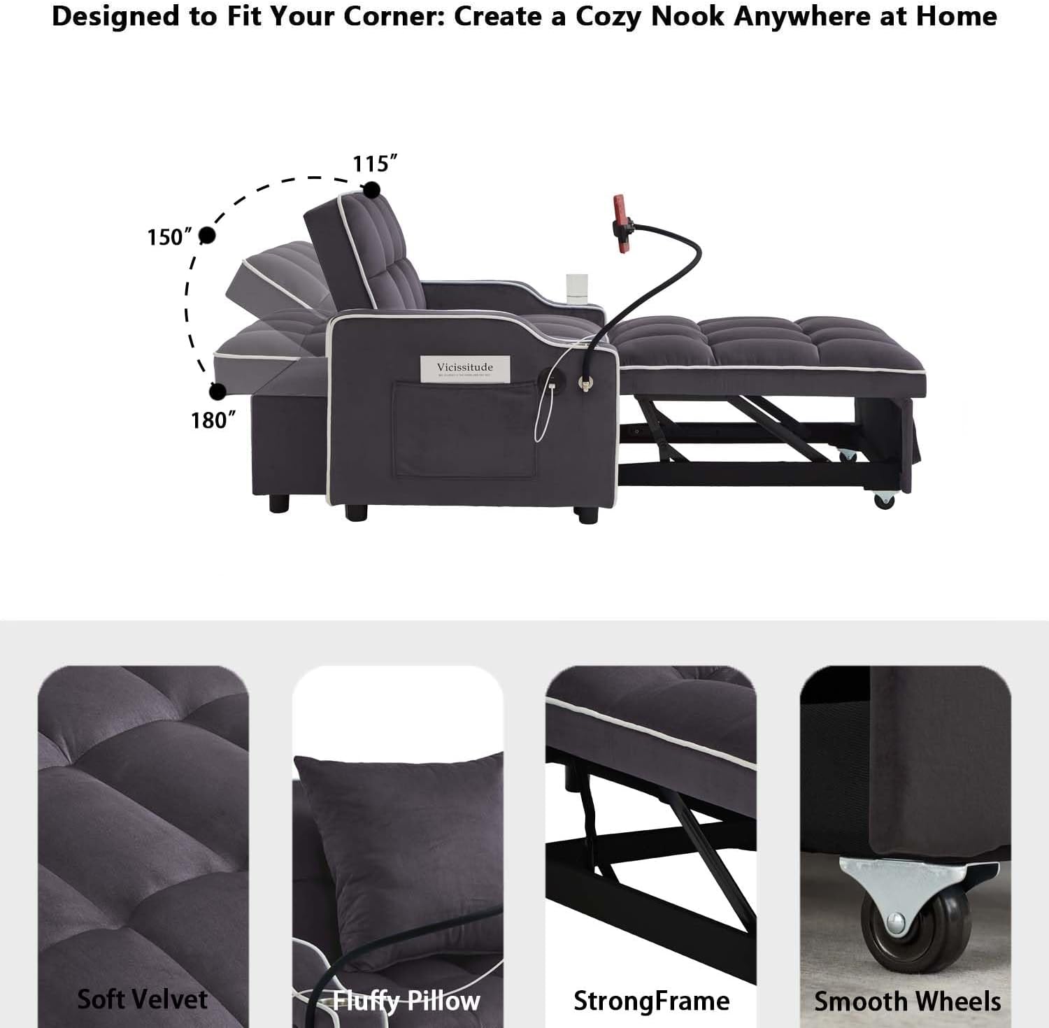 Convertible Sofa Bed, 3 in 1 Futon Sofa Bed with USB Charging Ports, Cup Holder, Phone Stand & Pocket, Modern Upholstered Sleeper Sofa for Living Room, Apartment or Small Space (Grey)