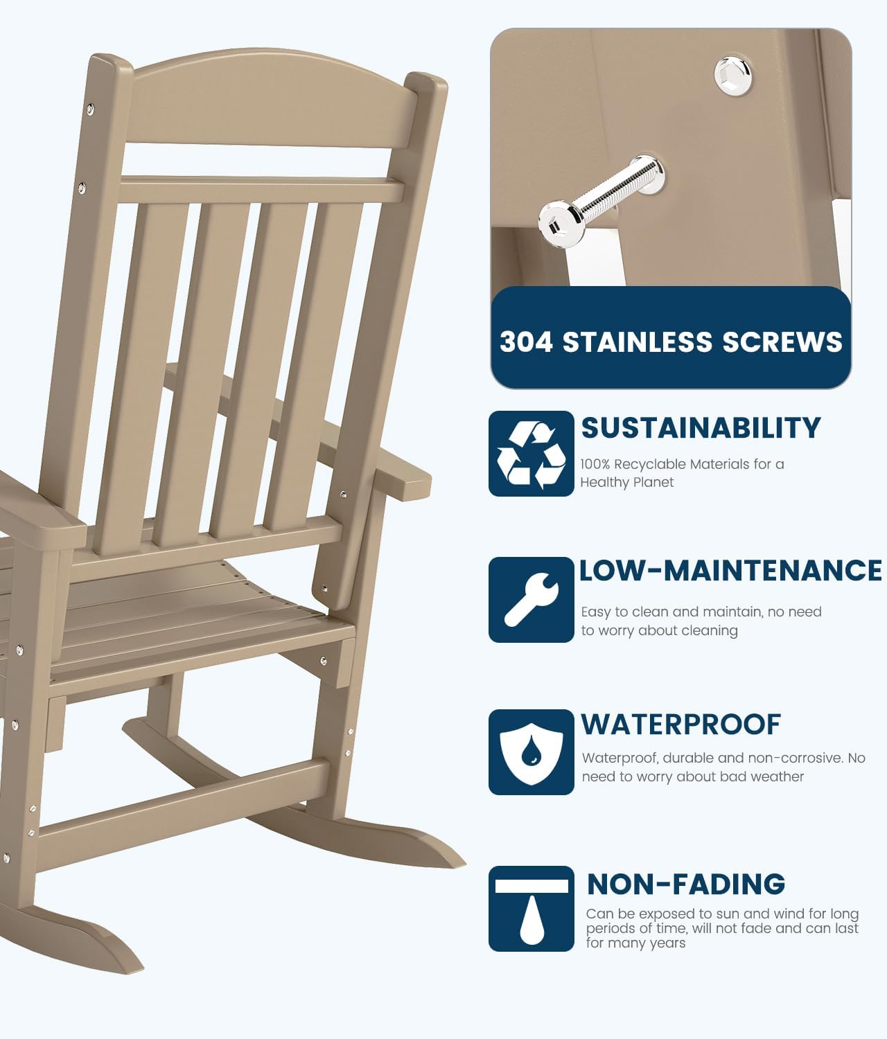 FOOWIN 3-Piece Outdoor Rocking Chairs Set, High Back Patio Rocker with Side Table, HDPE All Weather Resistant Oversized Rocking Chairs for Indoors, Porch, Patio, Backyard, Brown