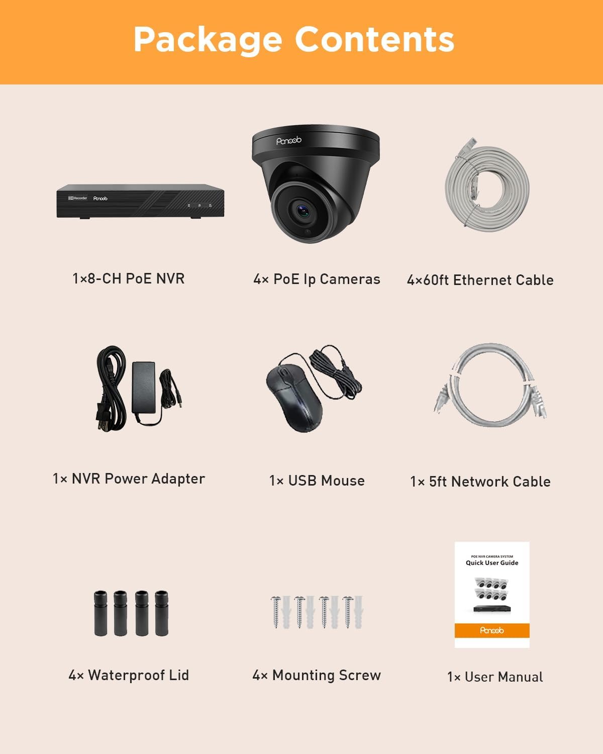 4 Camera Security System 5MP, 4X 5-Megapixel Wired IP Dome Turret Cameras Outdoor with AI Person Detection, Built-in Mic, Remote Access, 4K 8CH NVR 2TB HDD for 24-7 Recording, PD93A30408-5M