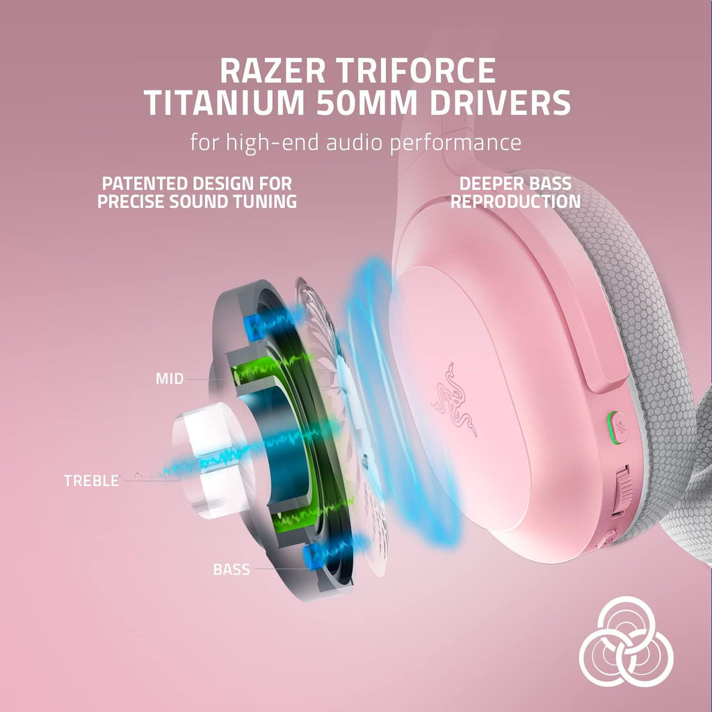 Razer Barracuda Wireless Gaming & Mobile Headset (PC, Playstation, Switch, Android, iOS): 2.4GHz Wireless + Bluetooth - Integrated Noise-Cancelling Mic - 50mm Drivers - Quartz Pink (Renewed)