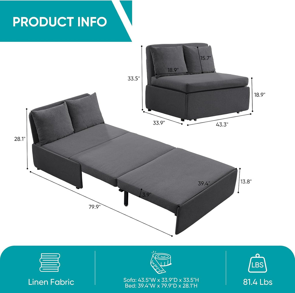 BALUS 43'W Twin Pull Out Sofa Bed Sleeper Couch with Pullout Beds, 2 in 1 Convertible Linen Sleepers Sofa Single Chair with Pillows and 3.9' Foldable Mattress for Small Space Apartment Loft, Dark Grey