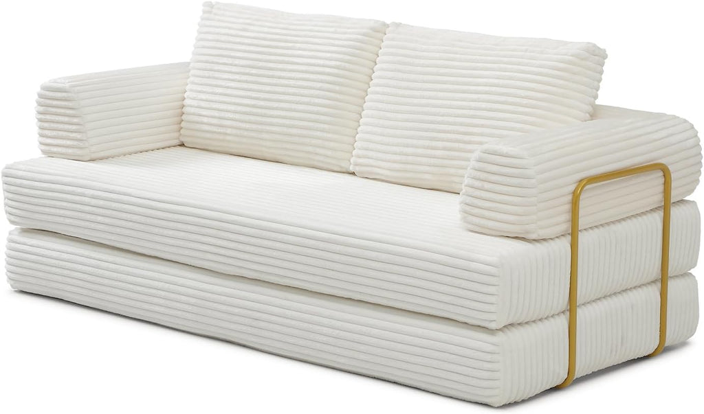 HANXIN 80 Inch Convertible Sleeper Sofa Bed, High Back Plush Corduroy Folding Floor Mattress Couch with Fixed-Shape Frame, Boneless Futon Loveseat with Pull Out Bed, No Assembly Required (Beige)