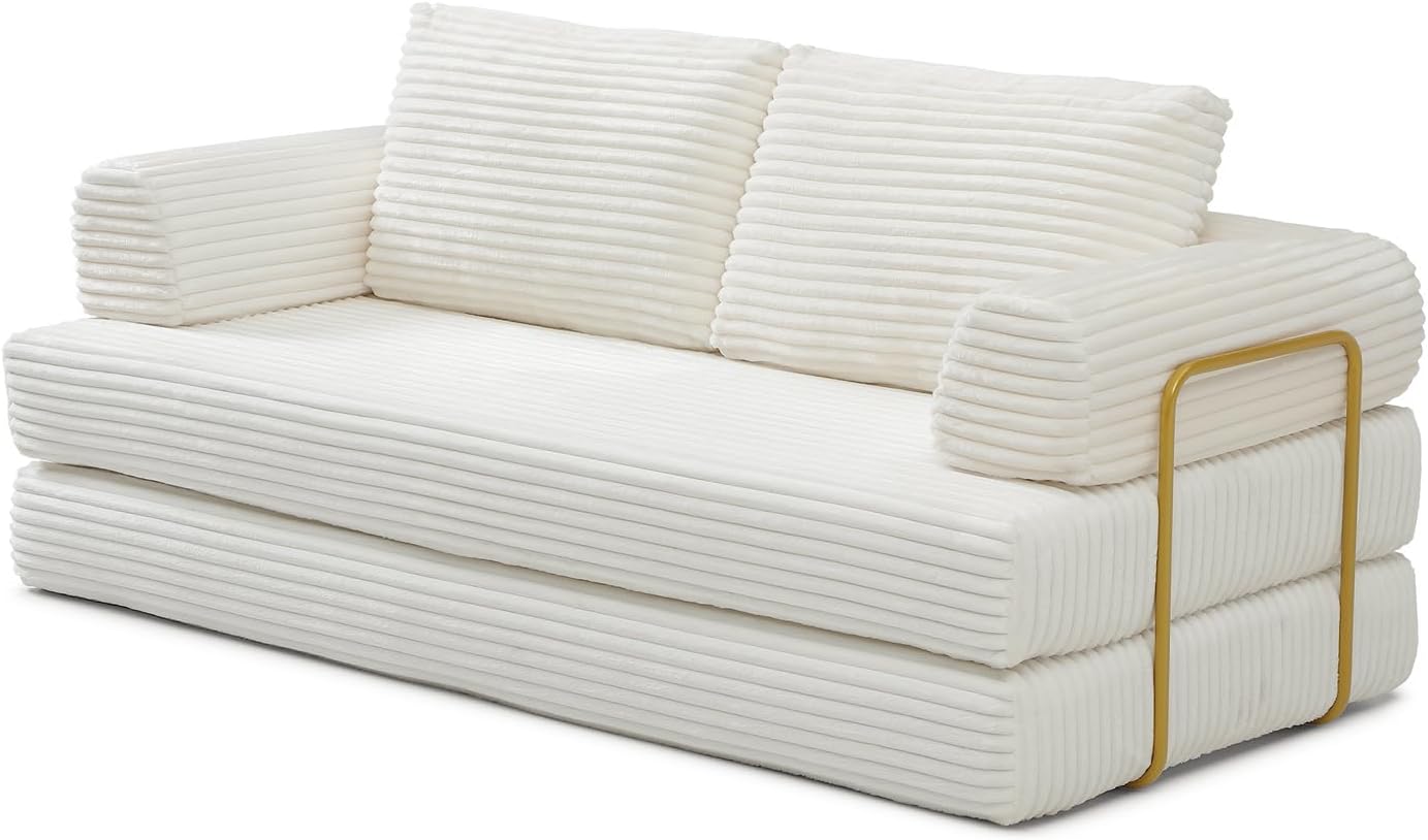HANXIN 80 Inch Convertible Sleeper Sofa Bed, High Back Plush Corduroy Folding Floor Mattress Couch with Fixed-Shape Frame, Boneless Futon Loveseat with Pull Out Bed, No Assembly Required (Beige)