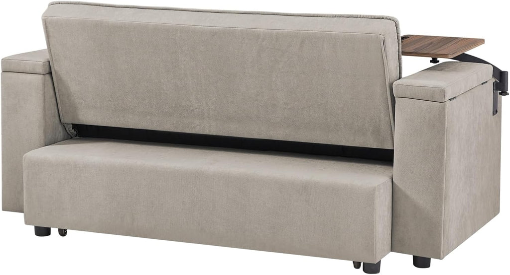 oaaktu Large Size Convertible Sleeper Sofa Bed,Polka dot Velvet Pull Out Futon Couch with Storage handrails & Rotating Side Tables,Convertible Sofa Couch for Living Room,RV (Khaki)