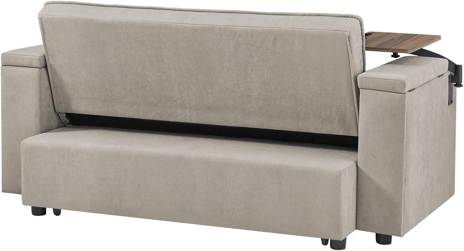 oaaktu Large Size Convertible Sleeper Sofa Bed,Polka dot Velvet Pull Out Futon Couch with Storage handrails & Rotating Side Tables,Convertible Sofa Couch for Living Room,RV (Khaki)