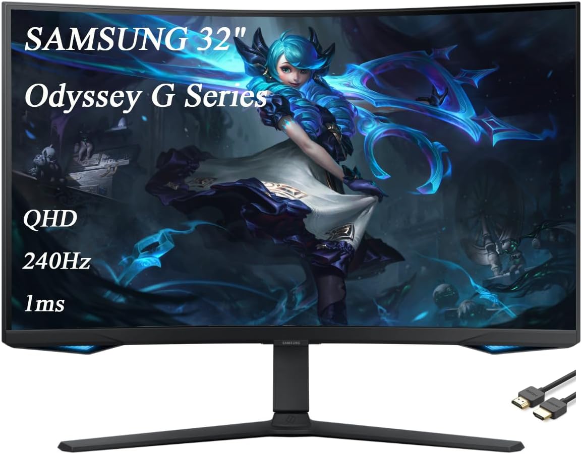 Samsung 32' Odyssey G Series QHD Gaming Monitor, 240Hz, 1ms, Gaming Hub, 1000R Curved, Swivel & Tilt Adjustable Stand, Black, with GSF HDMI Cable