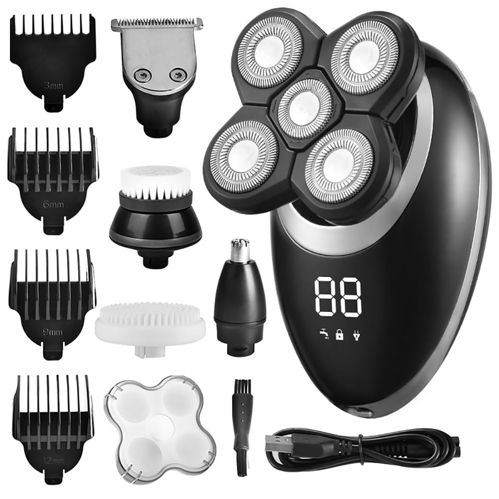 Head Shavers for Bald Men, Electric Shaver For Men Beard Hair Trimmer Electric Razor 5D Floating Five Blade Heads Electric Nose Hair Trimmer LCD Display (Color : Silver)