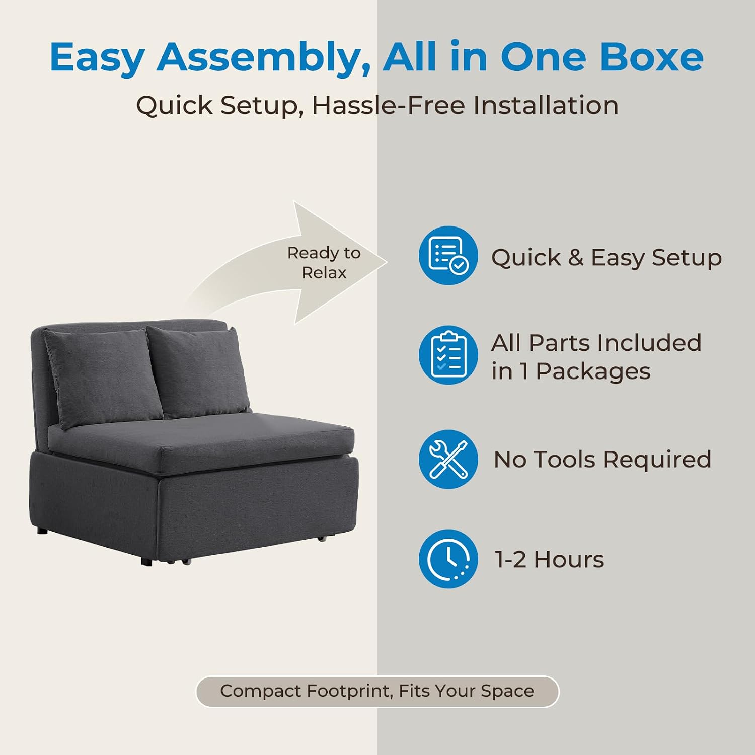 Mjkone 43' W Twin Size Pull Out Sofa Bed Chair with 2 Pillows, 2 in 1 Armless Sleeper Sofa Pull Out Couch Bed, Convertible Linen Sofas Sleeper Chair Bed for Living Room Apartment Office, Dark Gray