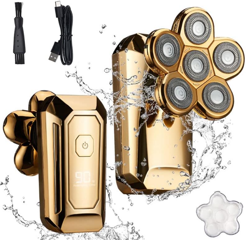 Electric Razor for Men, Bald Shaving Machine Electric Shaver For Men Beard Hair Trimmer Body Grooming Kit Six Blade Electric Razor LCD Display (Color : Gold)