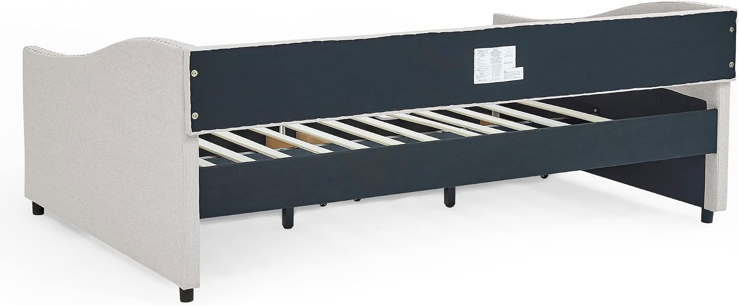 KEIKI Full Size Upholstery Daybed with 2 Drawers and Headboard, Mid-Century Style Tufted Sofa Bed with Button on Back, Easy Assembly, No Box Spring Required, for Living Room and Bedroom, Beige