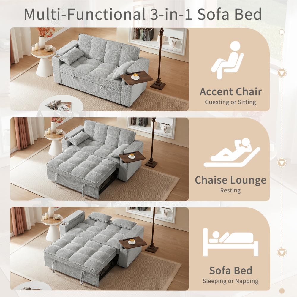 Auvsoce 65'' Convertible Sleeper Sofa Bed with Adjustable Backrest, Chaise Lounge, Side Table & USB/Type-C Ports – Stylish & Functional Addition to Any Living Room (Fashion Light Grey)