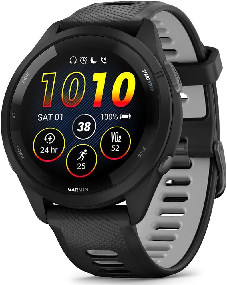 Garmin 010-02810-00 Forerunner 265 GPS Smartwatch - 46mm Black/Powder Gray Bundle with Deco Essentials Silicone Dust Cover 3 Pack, Round Screen Protector and 2 YR CPS Enhanced Protection Pack