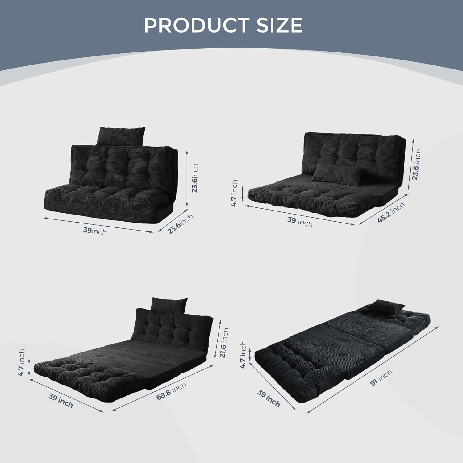 MAXYOYO Folding Sofa Bed, Tufted Bean Bag Bed with Pillows Floor Mattress for Adults, Extra Thick and Long Floor Sofa, Twin Couch for Bedroom Living Room, Black, 39x91 Inch