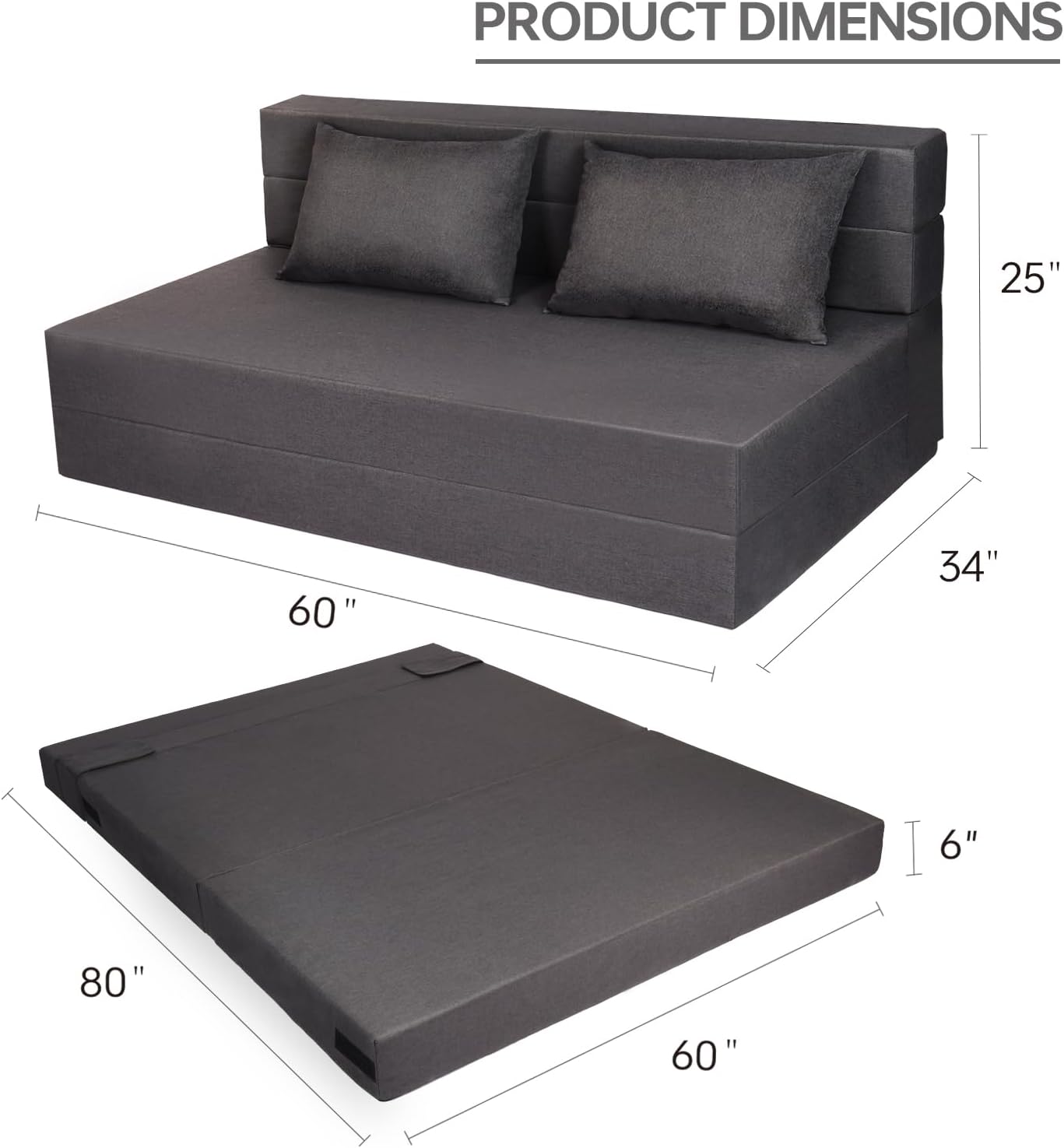 Fvkind Folding Sofa Bed with Pillow, Foldable Bed Sleeper Chair with Washable Cover, Convertible Sofa Chair, Fold Out Couch,Futon Couch for Living Room, Dorm, Guest Room, Queen Size, Dark Grey