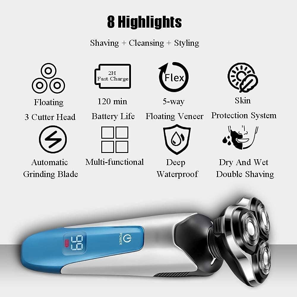 Electric Razor, Electric Shavers for Men, Dry Wet Waterproof Mens Rotary Facial Shaver, Face Shaver Cordless Travel USB Rechargeable with Beard Trimmer LED Display for Shaving Husband Dad