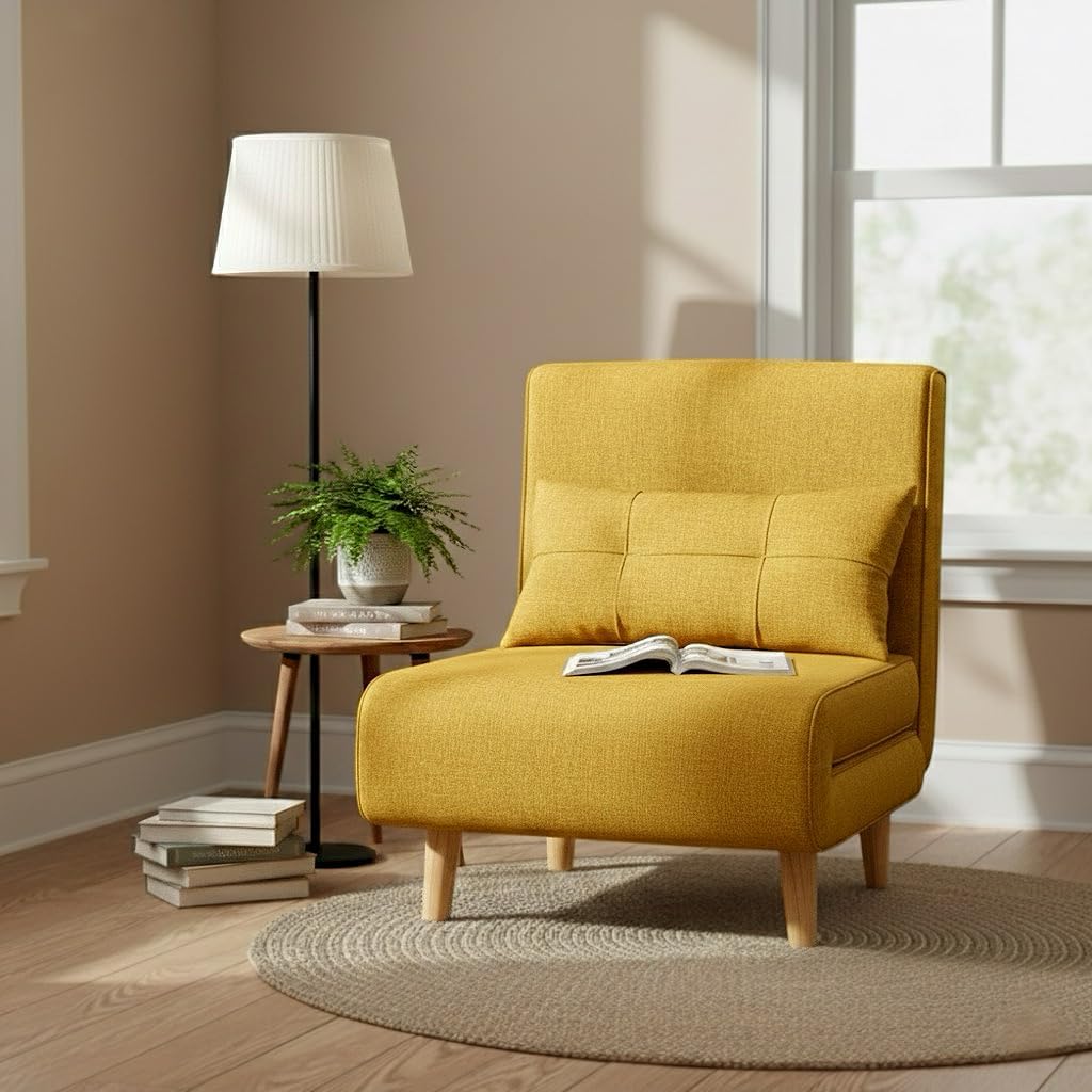 Ahomly 3 in 1 Sleeper Chair Bed, Chair Bed Sleeper for Adults with 6 Angle Adjustable Backrest, Convertible Single Futon for Living Room/Apartment/Office, Yellow