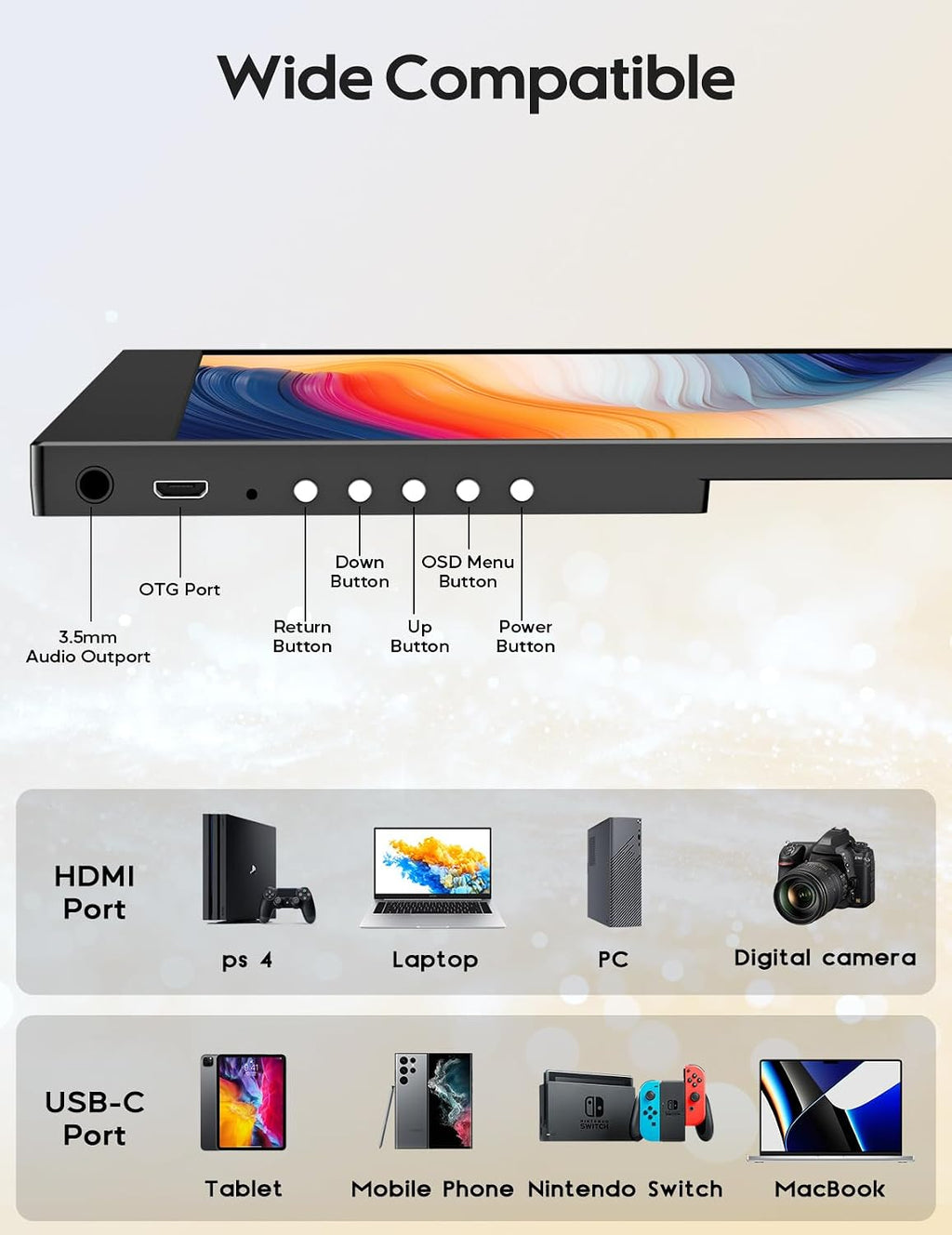 18' Portable Gaming Monitor, 2.5k 2560x1600, 16:10 Wide Screen, 100% sRGB, FreeSync, HDR, Laptop Screen Extender for Mac, Switch, Xbox, PS4/5
