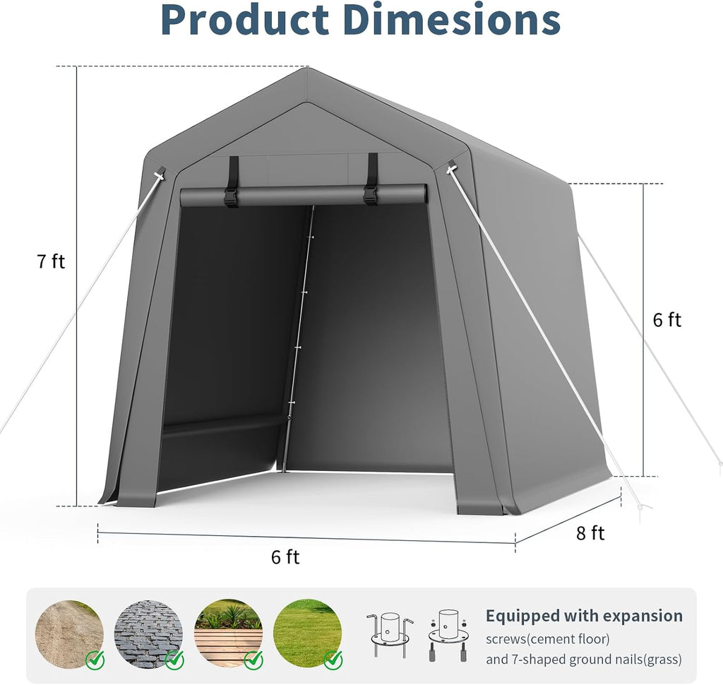 6x8FT Portable Outdoor Garage, Waterproof & UV-Resistant Portable Storage Shed with 2 Roll-Up Doors, Carport Tent for Motorcycle, Bike, and Tools