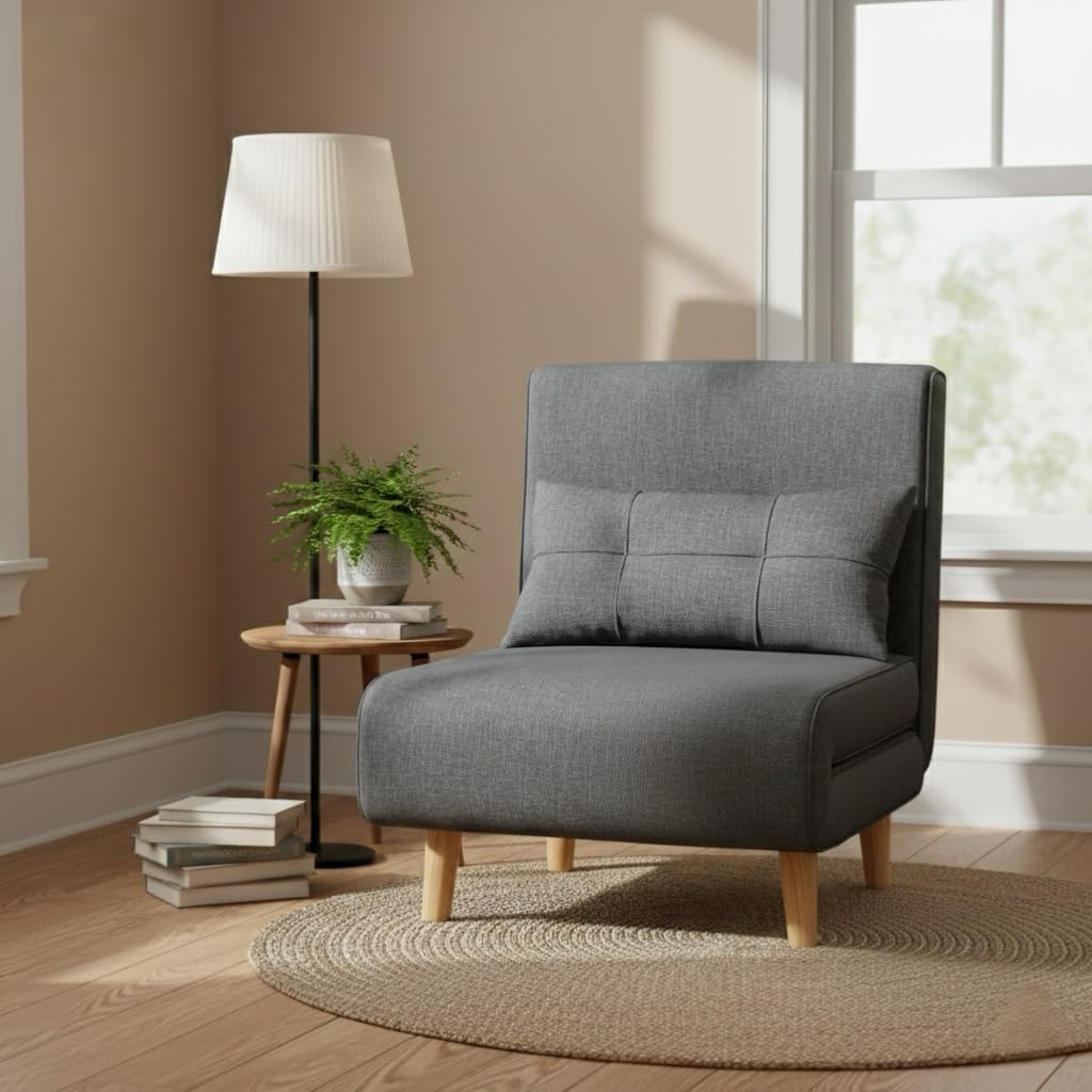 Ahomly Convertible Sleeper Chair, 3 in 1 Chair Bed, Futon for Adults with 6 Angle Adjustable Backrest, Single Sofa Bed for Living Room/Apartment/Office, Dark Gray