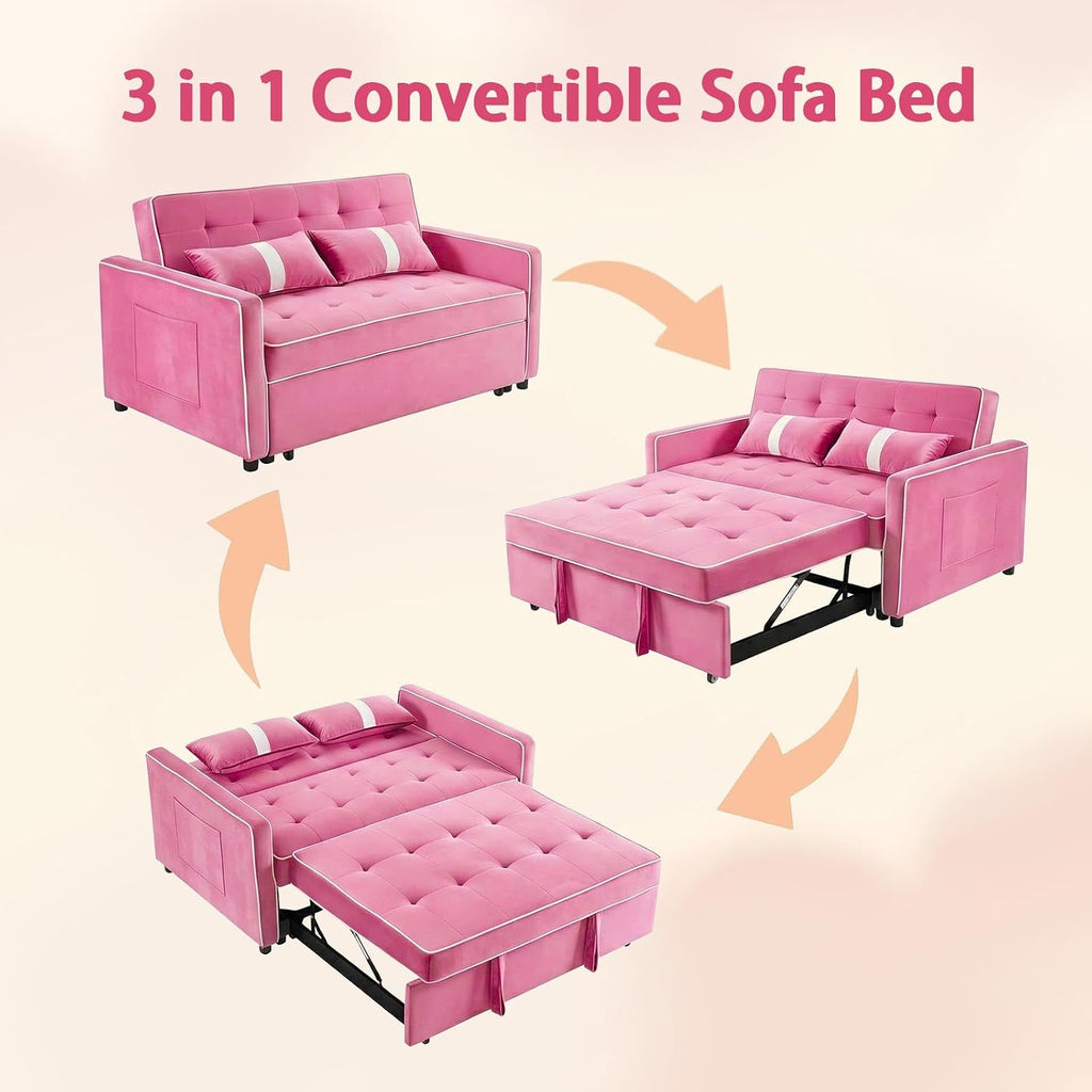 71' Loveseat Sleeper Sofa, 3 in 1 Convertible Sofa Bed, Adjustable Backrest Comfy Pull Out Couch, Modern Upholstered Sofa for Living Room Bedroom Apartment Small Space (Pink)