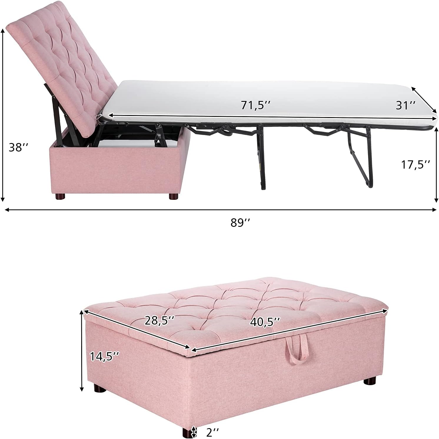 Giantex Ottoman Folding Bed, Fold Out Sleeper Bed with Mattress, Convertible Chair into Sofa Beds, Couch Sleeper w/Steel Frame, Dual Use Guest Lounge Beds, Living Room Bedroom Office(Pink)