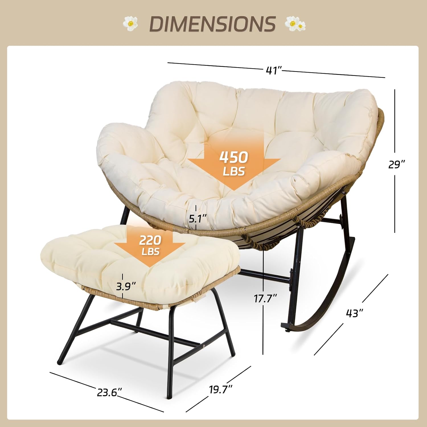 BULEXYARD Oversized Papasan Rocking Chair Set of 4, Double Wide Egg Rocking Chair with Ottomans and Cushion, 450 Lbs, Wicker Rattan Royal Loveseat Recliner for Indoor Outdoor Backyard, Garden Beige