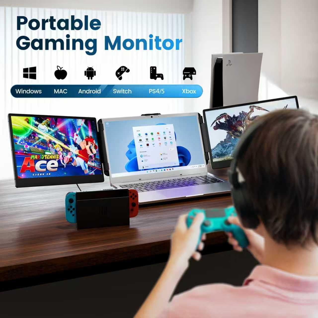 domyfan 14' Laptop Screen Extender, FHD 1080P IPS Triple Portable Monitor for Laptop, HDMI/USB-A/Type-C for Windows, Mac, Android, Chrome, Switch & PS5, Work with 13.3'-17' Laptops