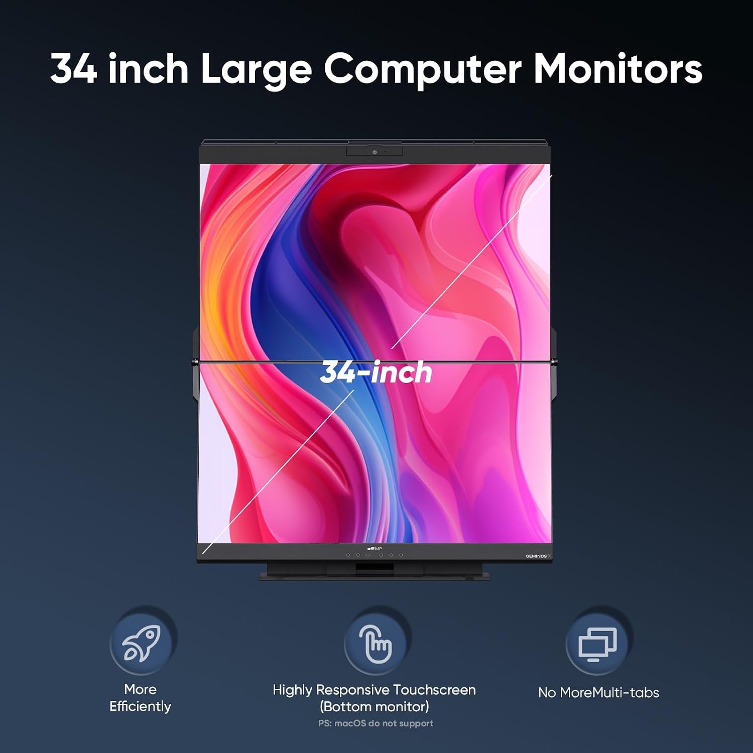 MP Mobile Pixels Geminos X (2 x 24 inch) Dual Stacked Computer Monitor, All-Inclusive Workstation, 65W USB-C Charging 2K Bottom Touchscreen, 1080P Webcam&Speakers, USB-A/USB-C/HDMI, Ergo Design