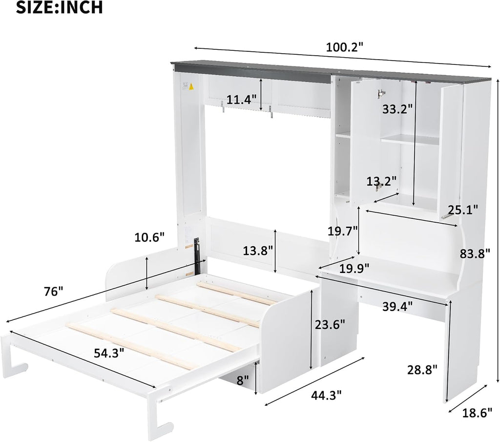 Merax Farmhouse Multi-Functional Murphy Bed with Sofa, Desk & Storage Cabinet,Solid Wood Foldable Wall Bed/Space Saving/No Box Spring Needed/Full,White + Gray