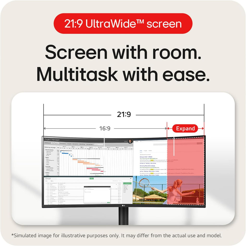 LG 34 Inches 21:9 Curved Ultra Wide Monitor, WQHD(3440 x 1440 Pixels), sRGB 99%(Typ), HDR 10, Dual Controller, PBP, Flicker Safe, Smart Energy Saving, HDMI, DP, Head Phone Out,Tilt, Black, 34WR50QC
