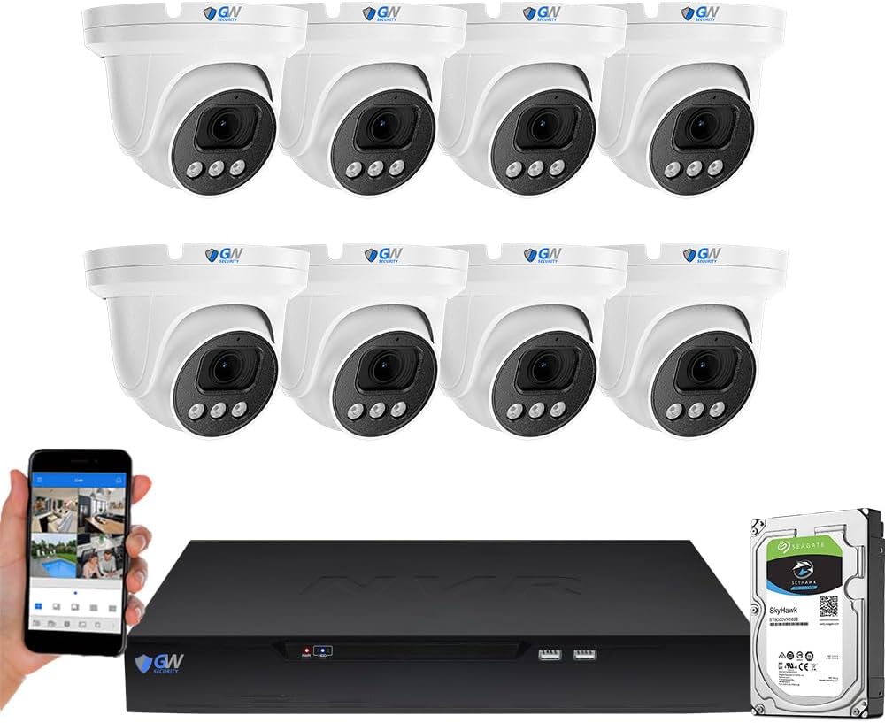 GW Security 8 Channel NVR UltraHD 4K Face Recognition LPR Commercial NDAA & TAA Compliant Security Camera System with 8 x 8MP @25FPS Outdoor & Indoor PoE Turret Cameras, CCTV for Business