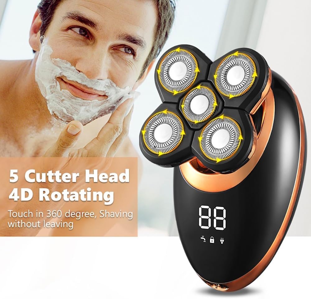 Head Shaver for Men, 5 in 1 Electric Shaver for Men Beard Hair Trimmer Electric Razor 5D Floating Five Blade Heads Electric Nose Hair Trimmer LCD Display
