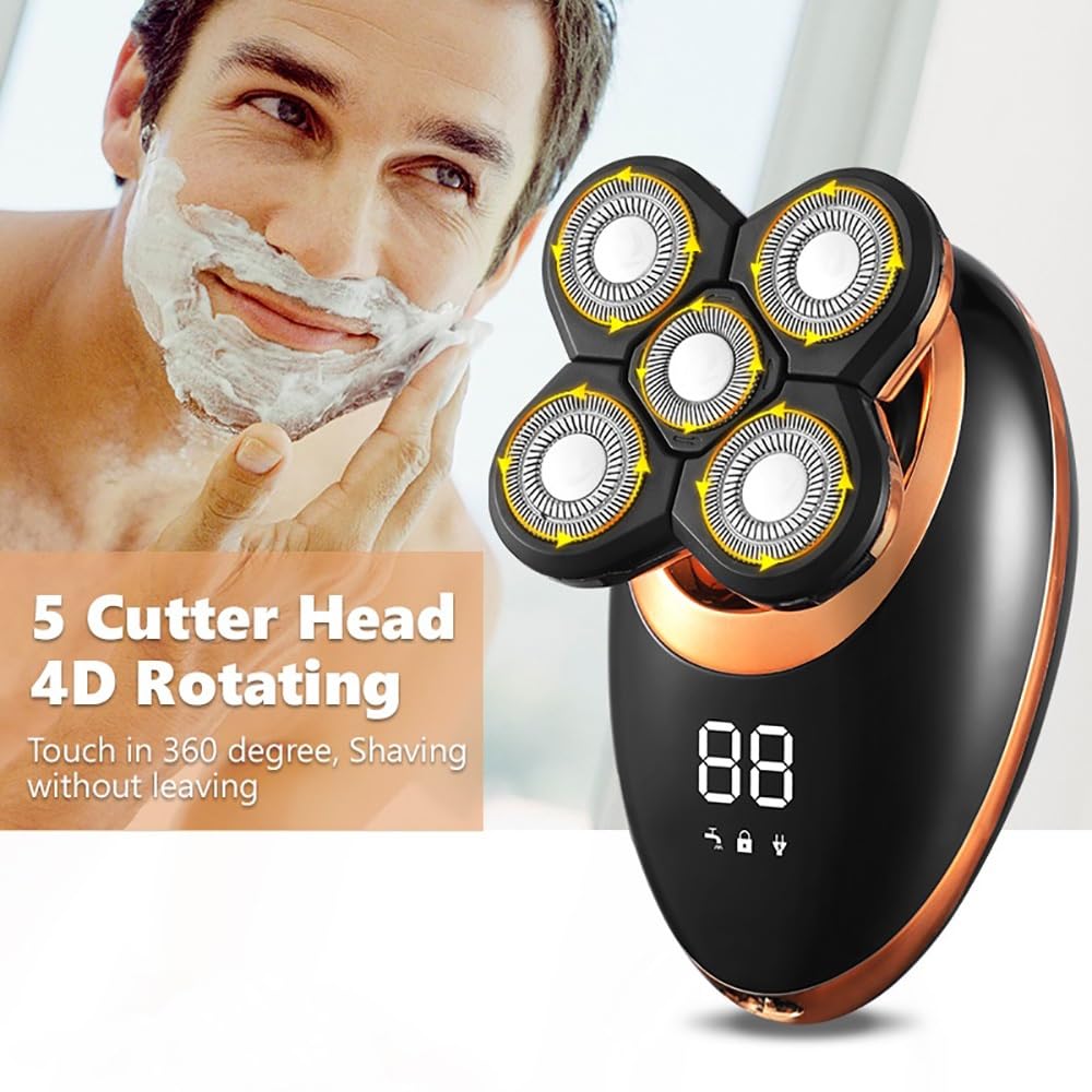 Head Shavers for Bald Men, 5 in 1 Electric Shaver for Men Beard Hair Trimmer Electric Razor 5D Floating Five Blade Heads Electric Nose Hair Trimmer LCD Display