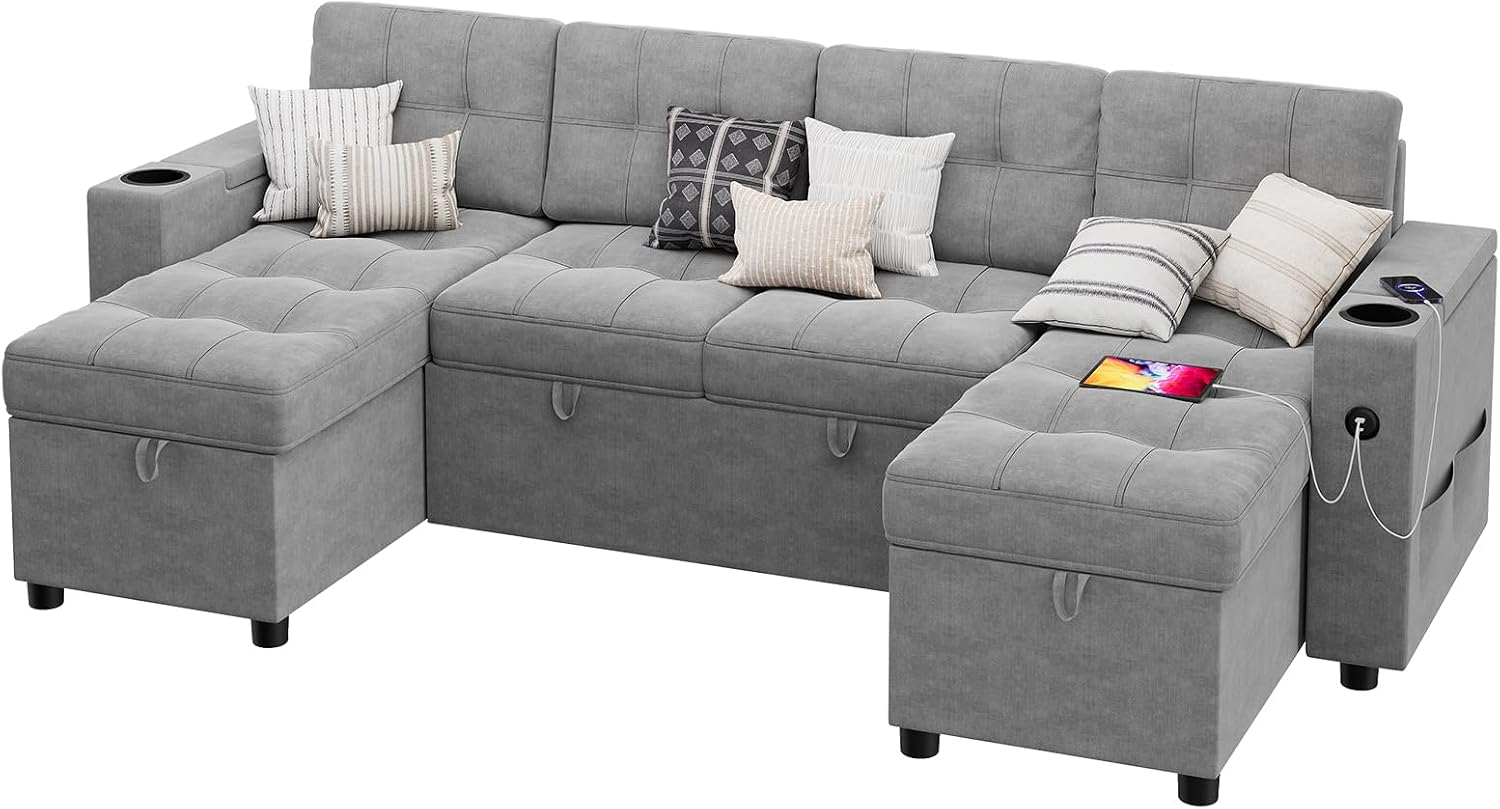 IDEALHOUSE U-Shaped Couches for Living Room, Sofa Bed for Living Room with Reversible Storage Chaises and Hidden Storage Armrests, Cup Holders and USB Charging Ports Included, Light Grey