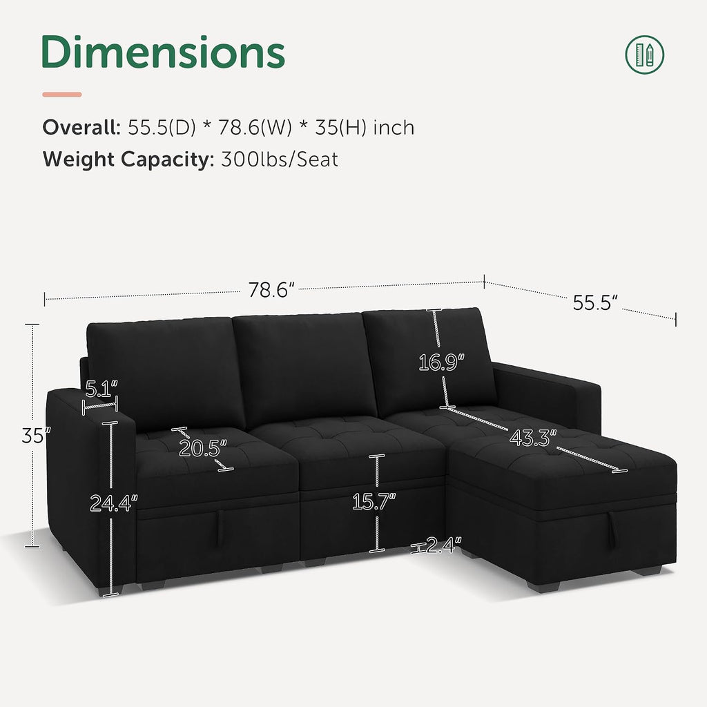 HONBAY Modular Sectional Couch L Shaped Sofa with Storage Seats Sectional Couches for Living Room,Black