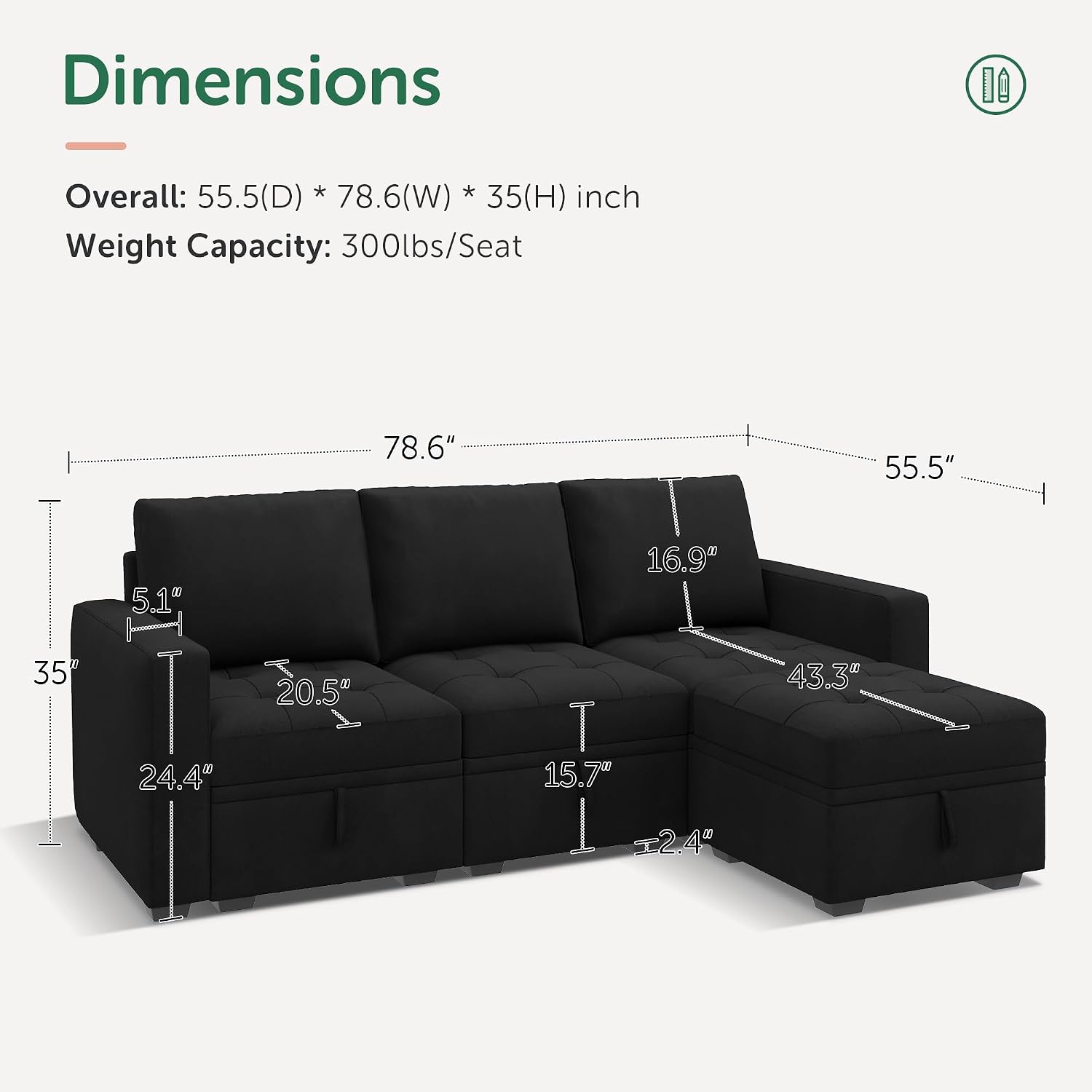 HONBAY Modular Sectional Couch L Shaped Sofa with Storage Seats Sectional Couches for Living Room,Black