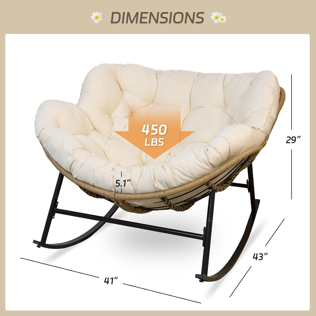 BULEXYARD 2 PCS Rocking Egg Chair Indoor Outdoor, Wicker Rattan Rocking Papasan Chairs with Thick Cushion, 450 Lbs Extra Wide Patio Rocker, Outdoor Furniture for Balcony, Porch, Garden, Lawn, Beige