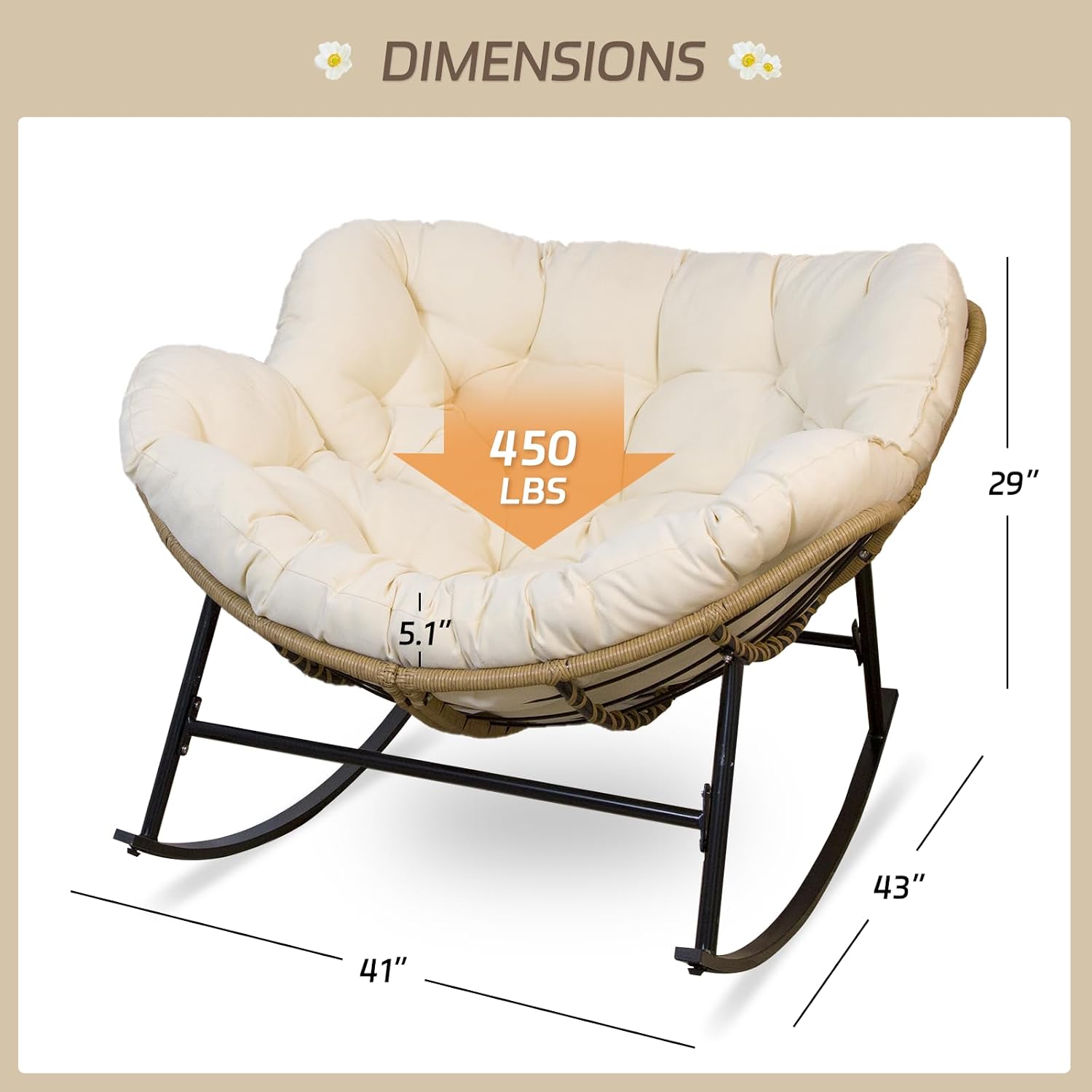 BULEXYARD 2 PCS Rocking Egg Chair Indoor Outdoor, Wicker Rattan Rocking Papasan Chairs with Thick Cushion, 450 Lbs Extra Wide Patio Rocker, Outdoor Furniture for Balcony, Porch, Garden, Lawn, Beige