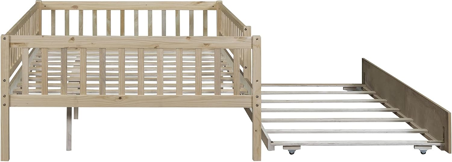 Montessori Bed Frame with Fence Railings and Trundle for Kids,Full Size Wood Low Platform Bed Frame with Full-Length Safety Guardrails for Boys Girls,No Box Spring Needed,Natural