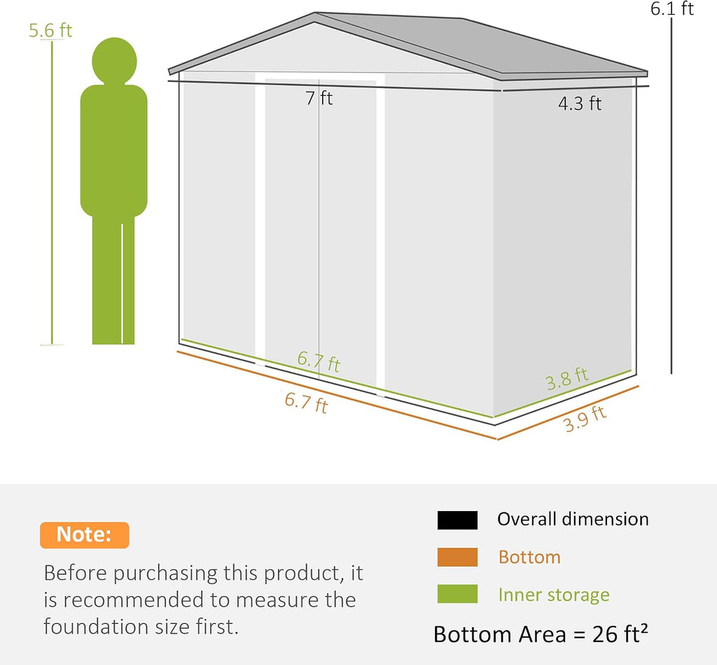Outsunny 7' x 4' Outdoor Storage Shed, Garden Tool Metal Shed with Foundation Kit, Double Lockable Door, Air Vents and Sloping Roof, for Backyard, Patio, Lawn, Dark Gray