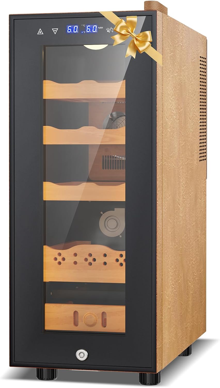Upgraded 35L Electric Humidor with Leather, 250 Counts Large Capacity,Thermostatic Electric Cooler Cabinet with Digital LED Screen, Safety Lock,Smart Humidity & Temp Control, Gifts for Men