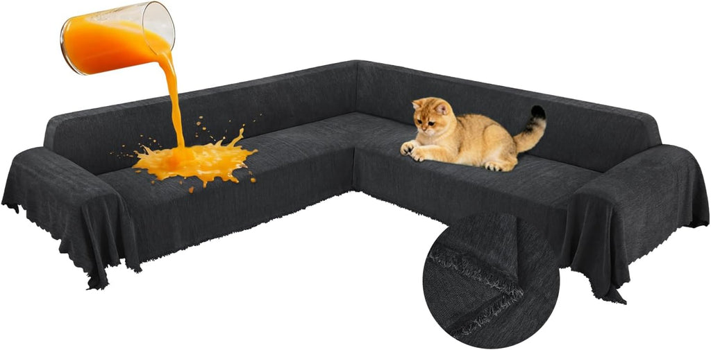 1OO% Waterproof Corner Sectional Couch Covers L Shape Chenille Sectional Sofa Cover with Tassel Soft Thick Washable Sofa Slipcover Furniture Protector for Dogs Pets (91' x 276', Dark Black)