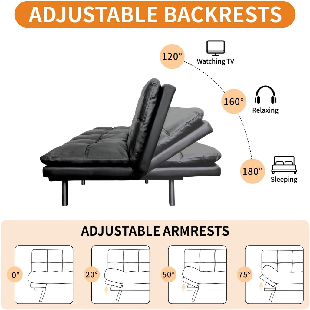 MUUEGM 71-Inch Convertible Futon Sofa Bed with Adjustable Backrest & Removable Armrests, Foldable Sleeper Loveseat for Small Space Living Room, Studio Apartment, Home Office，Matte Black