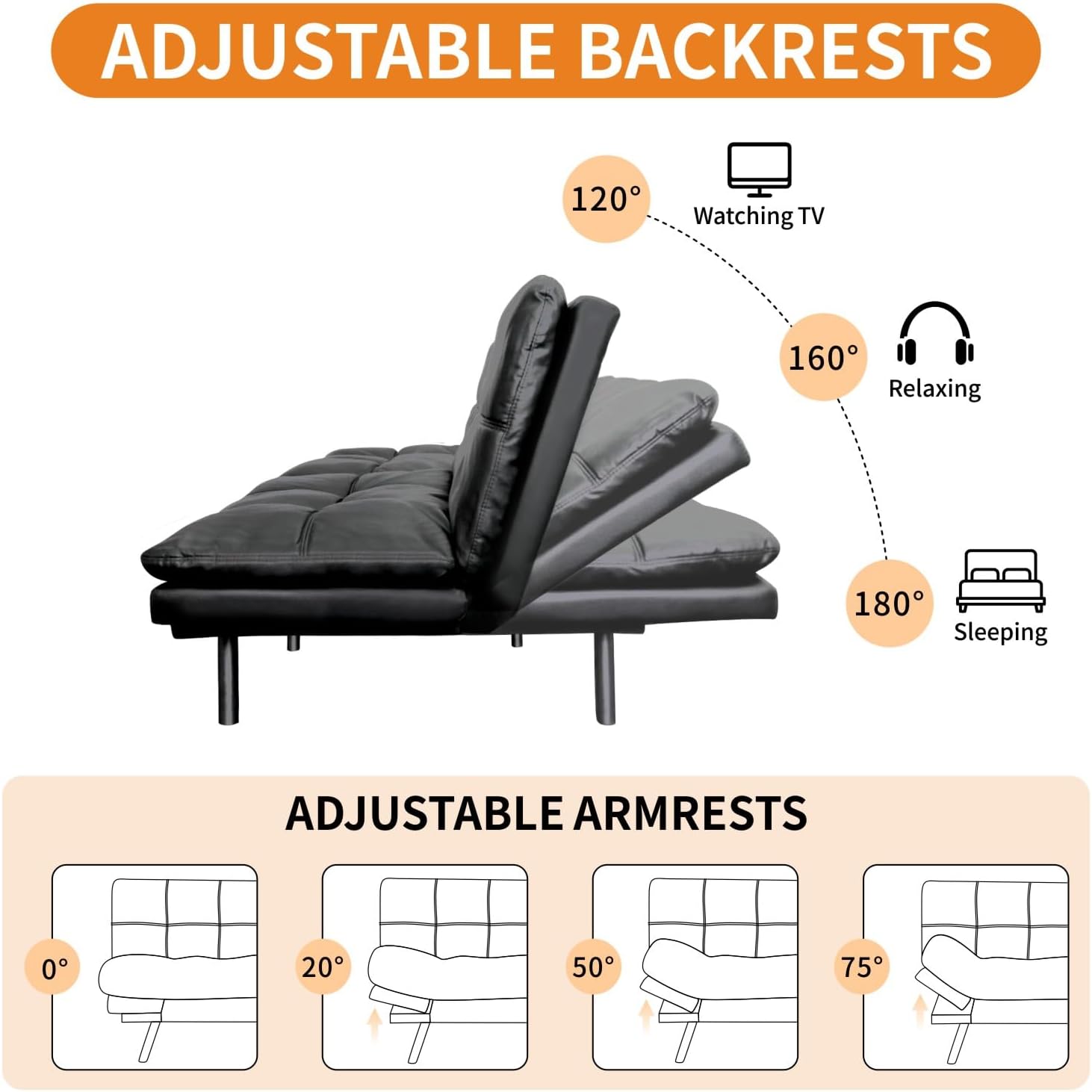 MUUEGM 71-Inch Convertible Futon Sofa Bed with Adjustable Backrest & Removable Armrests, Foldable Sleeper Loveseat for Small Space Living Room, Studio Apartment, Home Office，Matte Black