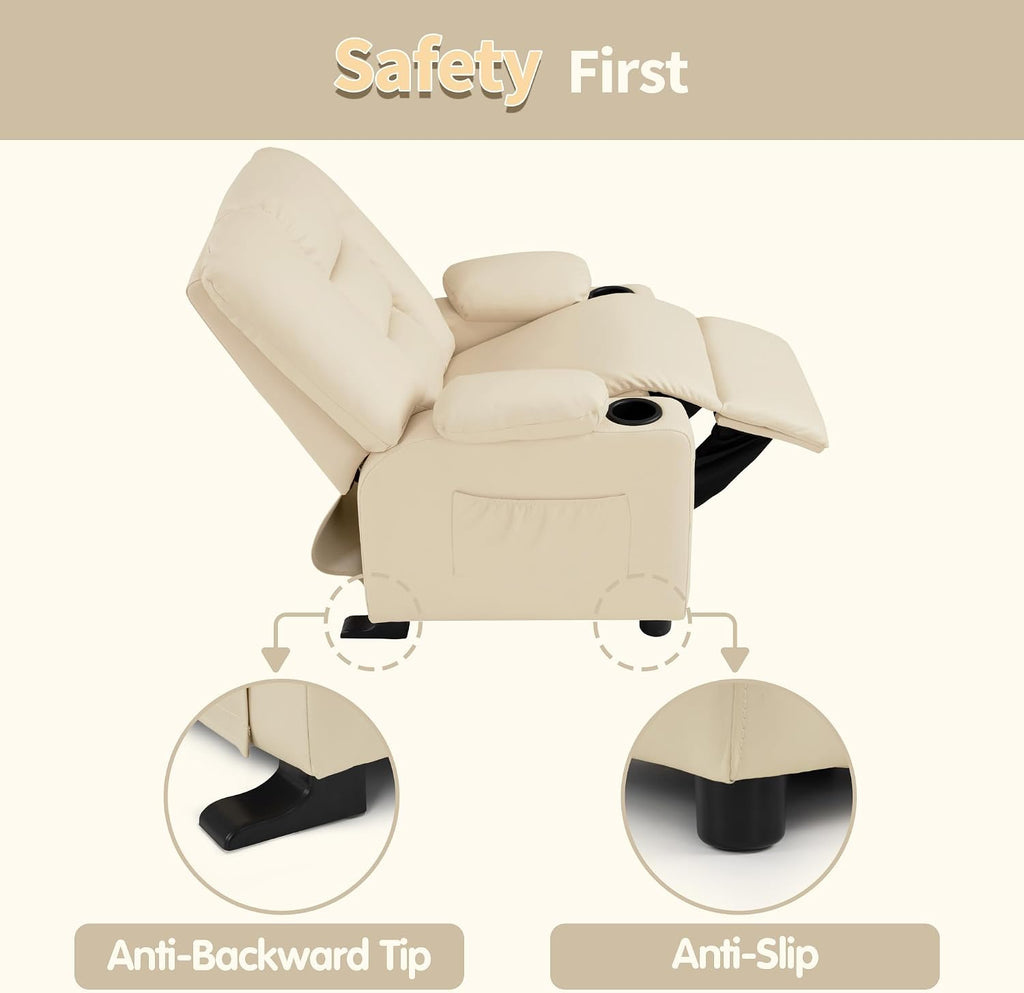 MCombo Big Kids Recliner for Ages 3+, Child Reclining Chair, Toddlers Recliner Sofa with Cup Holders, Faux Leather, 7322(Cream White)