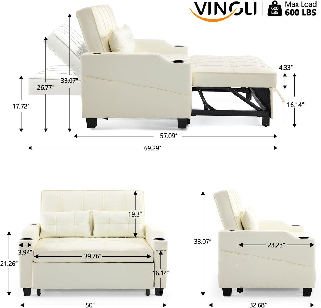 VINGLI Beige Loveseat Sleeper Sofa, Convertible Futon Sofa Bed Pullout Couch Bed with USB Ports, Cup Holders, Armrest for Living Room, Bedroom, Home Office Apartment