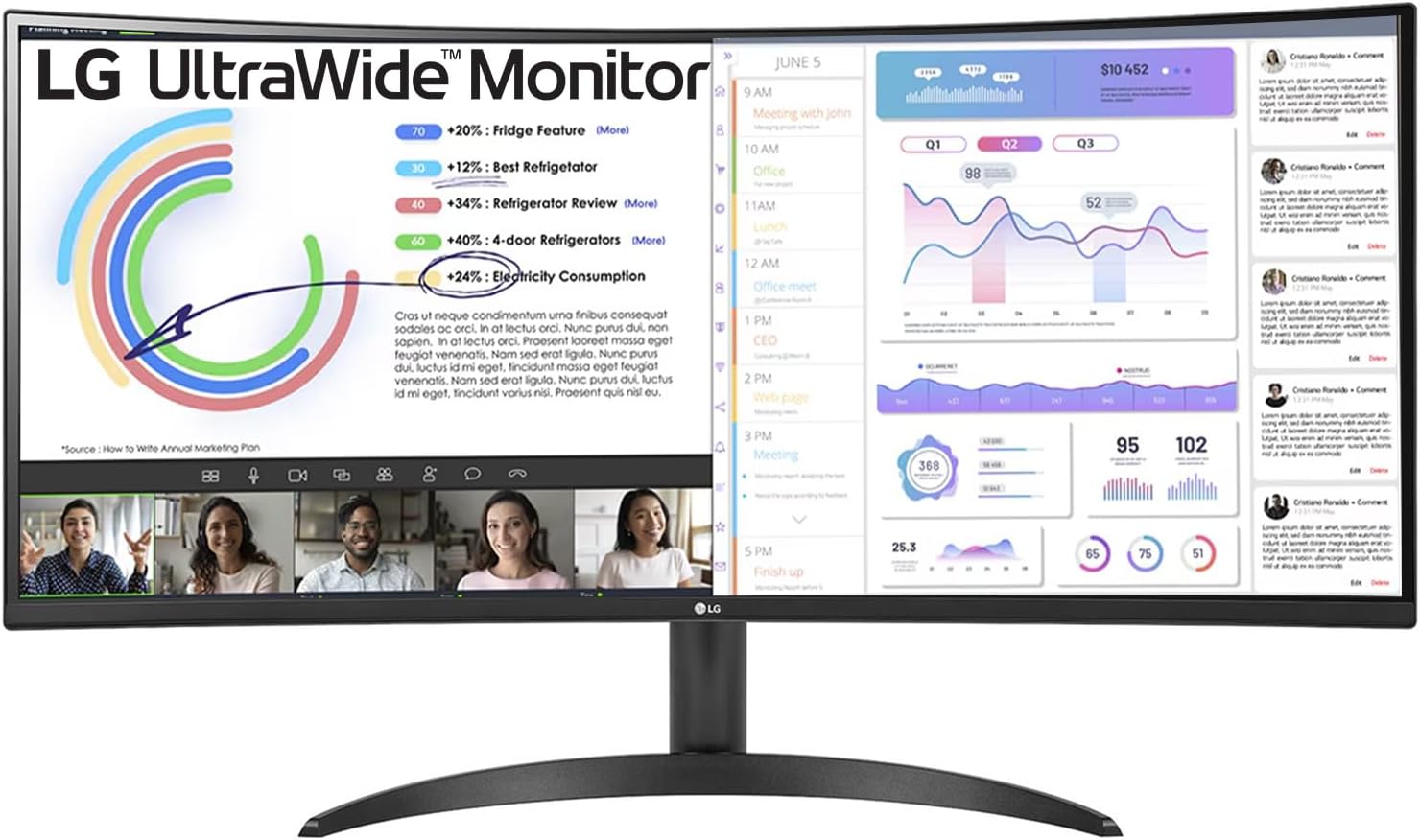 LG 34 Inches 21:9 Curved Ultra Wide Monitor, WQHD(3440 x 1440 Pixels), sRGB 99%(Typ), HDR 10, Dual Controller, PBP, Flicker Safe, Smart Energy Saving, HDMI, DP, Head Phone Out,Tilt, Black, 34WR50QC