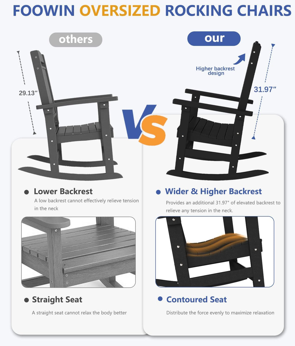 FOOWIN 3-Piece Outdoor Rocking Chairs Set, High Back Patio Rocker with Side Table, HDPE All Weather Resistant Oversized Rocking Chairs for Indoors, Porch, Patio, Backyard, Black (Black, 3-Set)