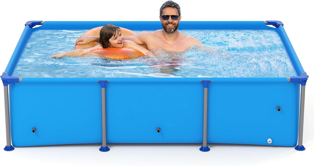 Goplus Above Ground Swimming Pool, 8.5'x6'x26'' Metal Frame Pool Set w/PVC Fabric, 3 Stoppers, Drainage Valve Connector, for Outdoor, Backyard, Garden, Patio (8.5' x 6' Rectangle, 690 Gal, Blue)